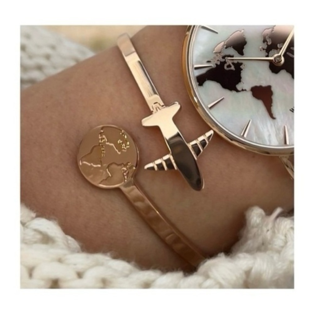Gold Travel-Inspired Bracelet Set - Airplane & World Charms